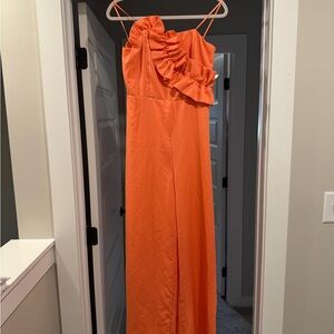 DO+BE Vibrant Orange One-Shoulder Ruffle Jumpsuit